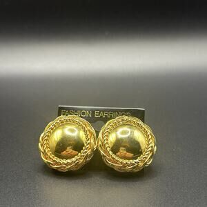NOS Large Gold Tone Button Clip On Earrings 80s Textured NWT